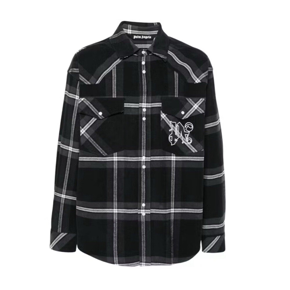Palm Angels Checked Monogram Flannel Shirt Size 54 XL Black Gray Overshirt